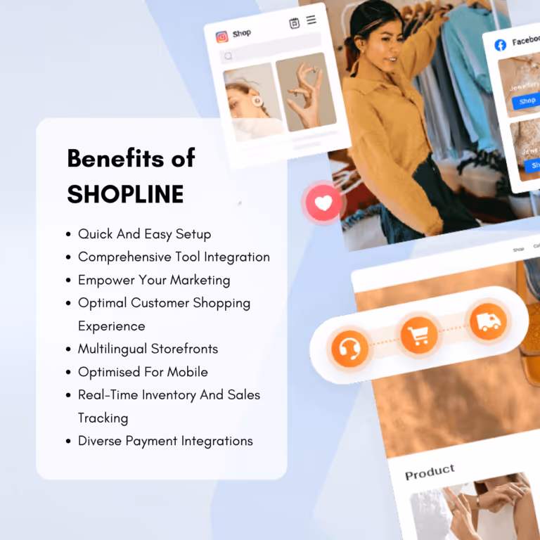 Graphic showcasing SHOPLINE Benefits, including Quick and Easy Setup, Comprehensive Tool Integration, Marketing Empowerment, Optimal Customer Shopping Experience, Multilingual Storefronts, Mobile Optimization, Real-Time Inventory and Sales Tracking, and Diverse Payment Integrations, displayed against a backdrop of a digital screen featuring ecommerce interactions.