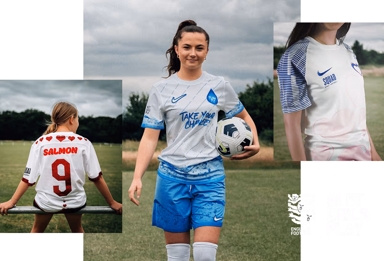 Three girls in custom football kits for England Football’s #LetGirlsPlay campaign, featuring bold designs and empowering messages.