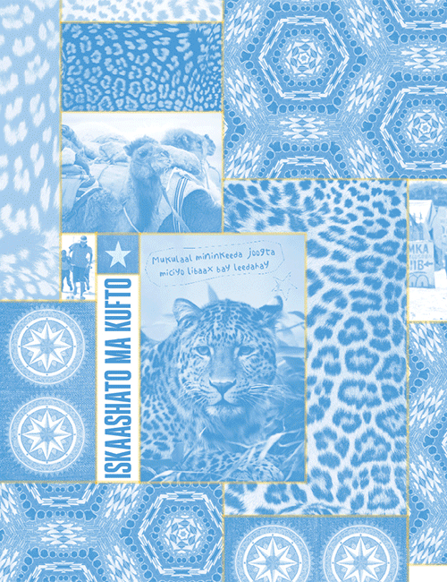 Collage with leopard print patterns, a close-up silhouette of a leopard, images of camels and people, and star symbols arranged in hexagonal designs.
