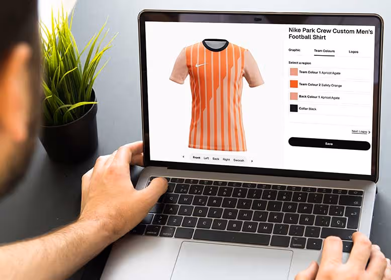 Person viewing a laptop screen showing a custom Nike Park Crew men's football shirt design with orange stripes and options to select team colors and logos.