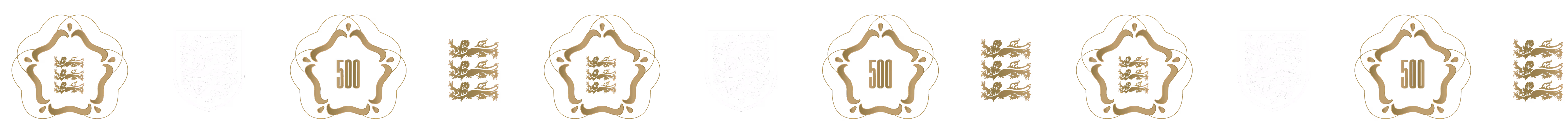 Repeated pattern of gold ornate frames with '50' and white heraldic lion shields on black background.