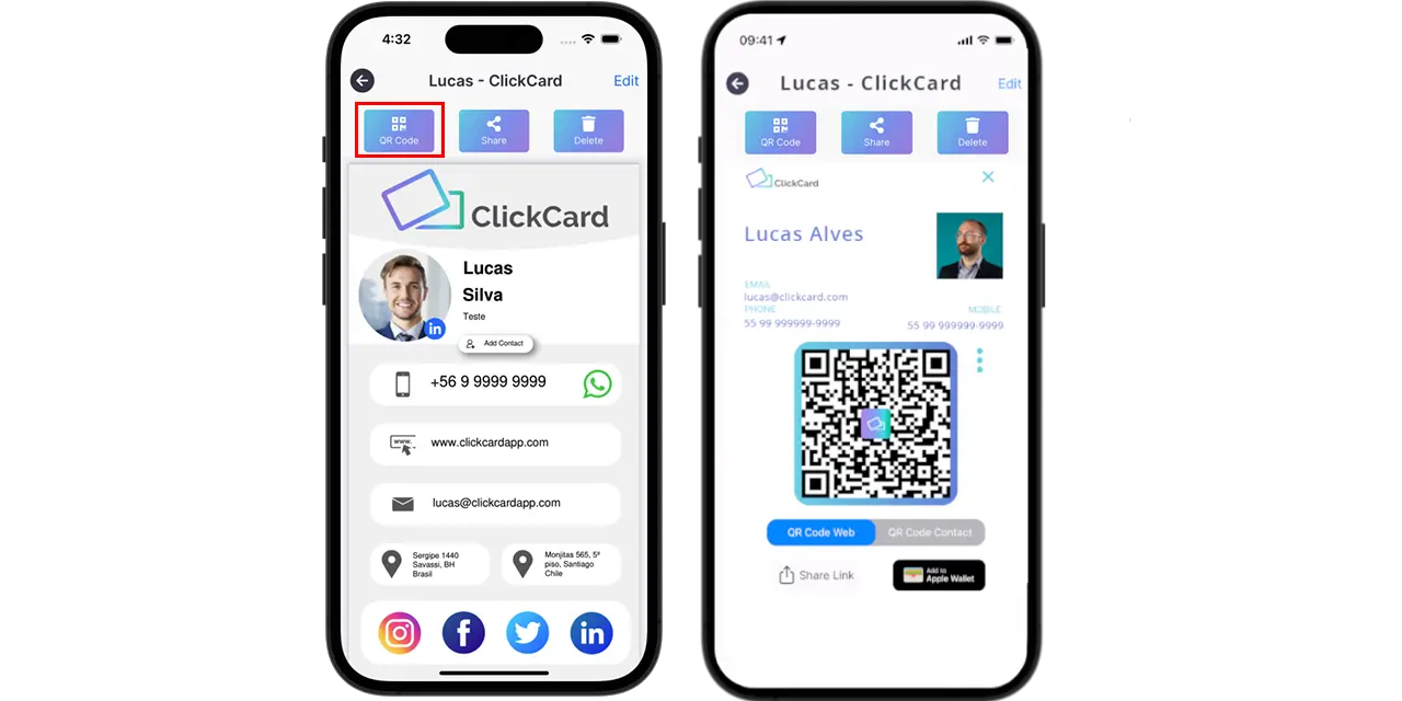 Accessing the QR Code of your digital business card through the clikcard app