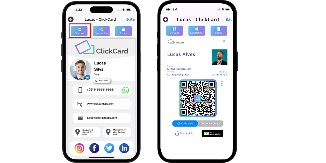 Acessando o QR Code de seu cartão de visita digital por meio do app da clikcard