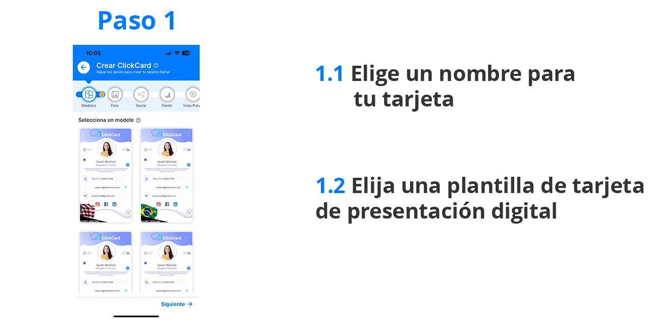 el primer paso para crear una tarjeta de presentación digital en la aplicación Clickcard es elegir una plantilla y nombrarla