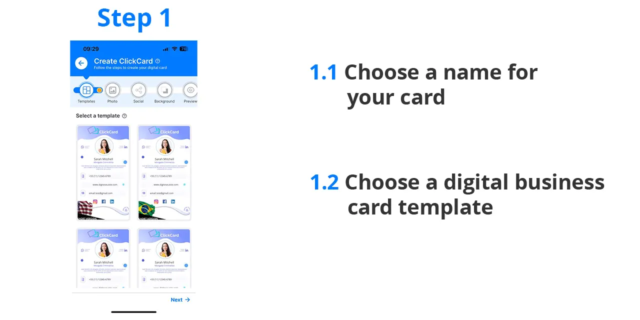 The first step to create a digital business card in the clickcard app is to choose a template and name it