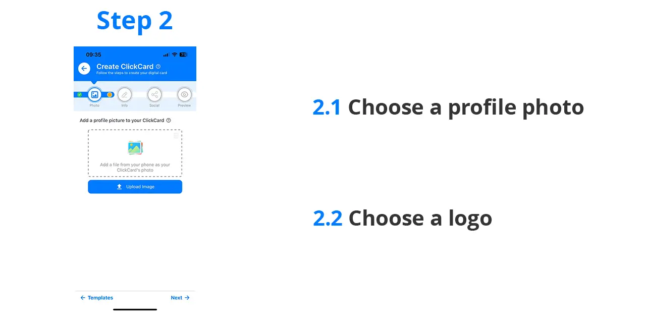 Step 2 in ClickCard Digital Business Card Maker is card profile photo selection. It can be a user photo or company logo