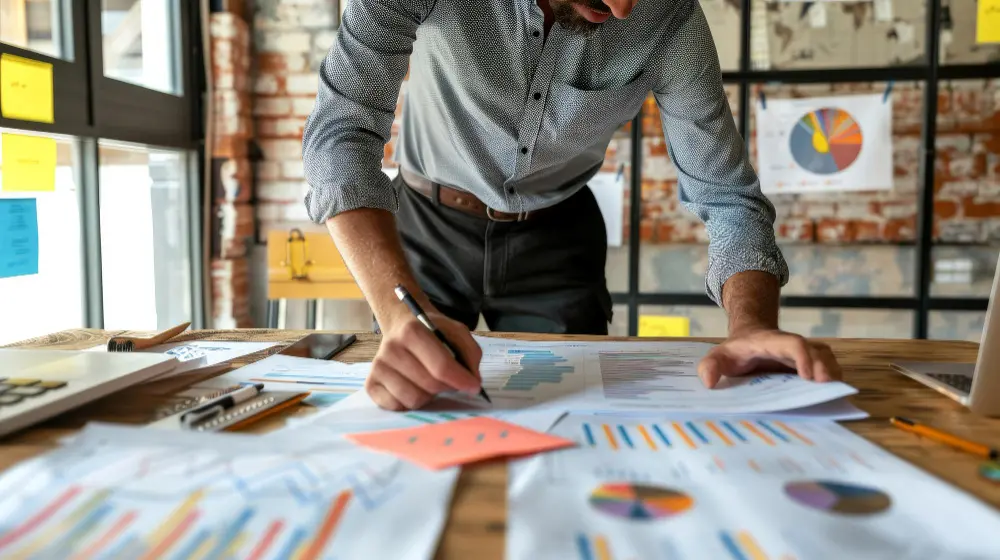 Person analyzing graphs and reports on a work table.