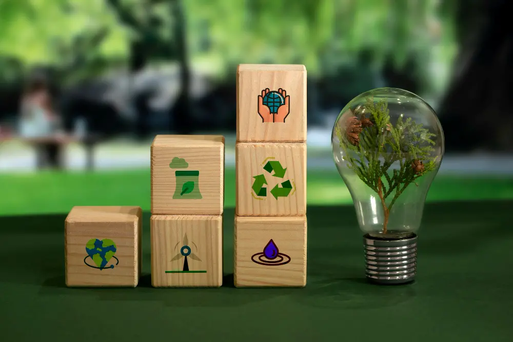 Wooden blocks with sustainability icons next to a lamp with a plant inside.