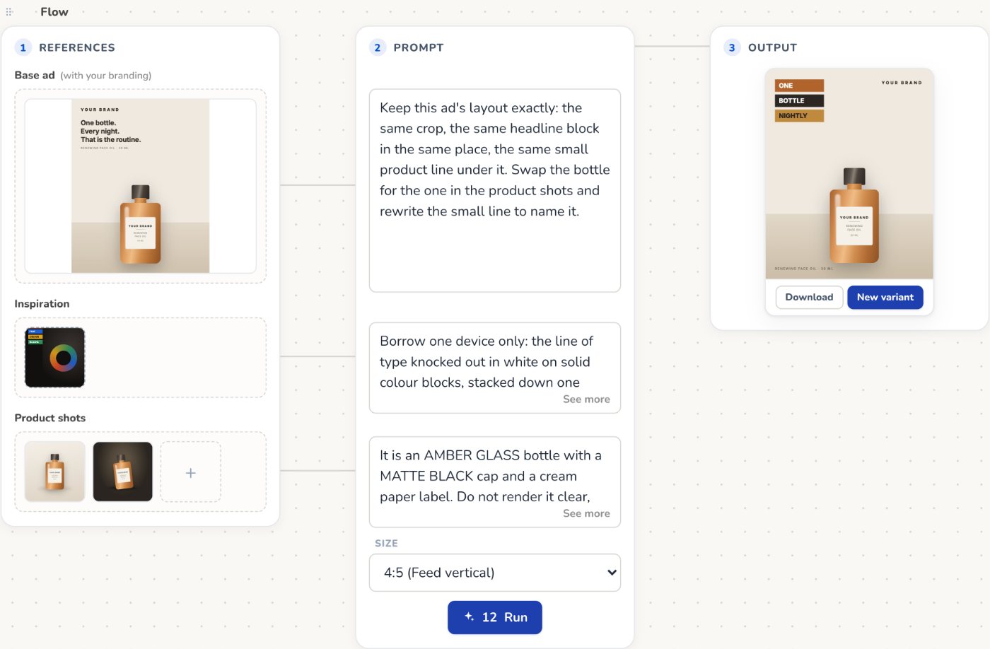 Wilow Ad Studio: a reference ad, a prompt, and the new ad it generated from them.