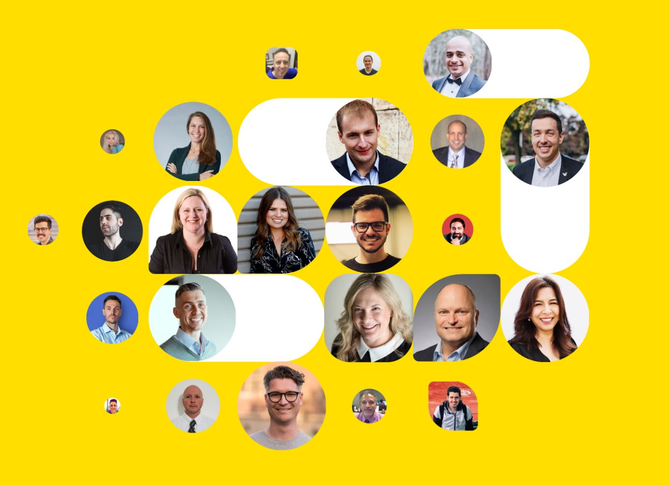 Wynter: a mosaic of professional portraits on yellow, from the banner of Wynter’s participant sign-up page.