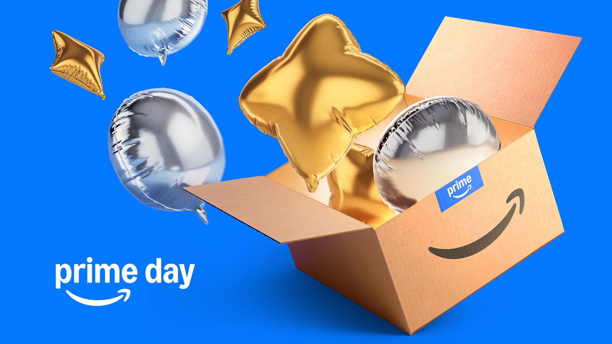 Amazon Prime Day graphic showing gold and silver balloons emerging from an open Prime-branded box on a vibrant blue background.