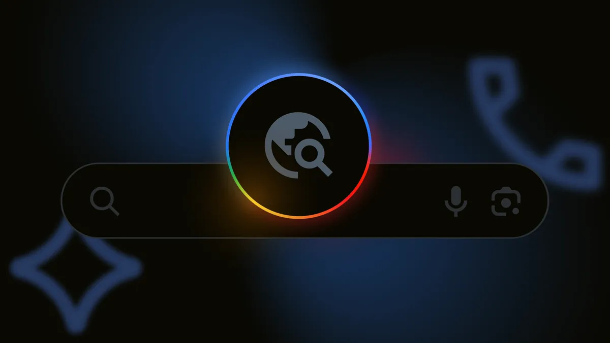 Google Circle to Search icon glowing with blue, red, yellow, and green hues on a dark search bar interface.
