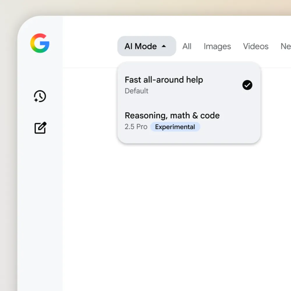 A screenshot of a Google interface showing a dropdown menu for "AI Mode" with options for "Fast all-around help" (default, checked) and "Reasoning, math & code" (2.5 Pro, experimental).