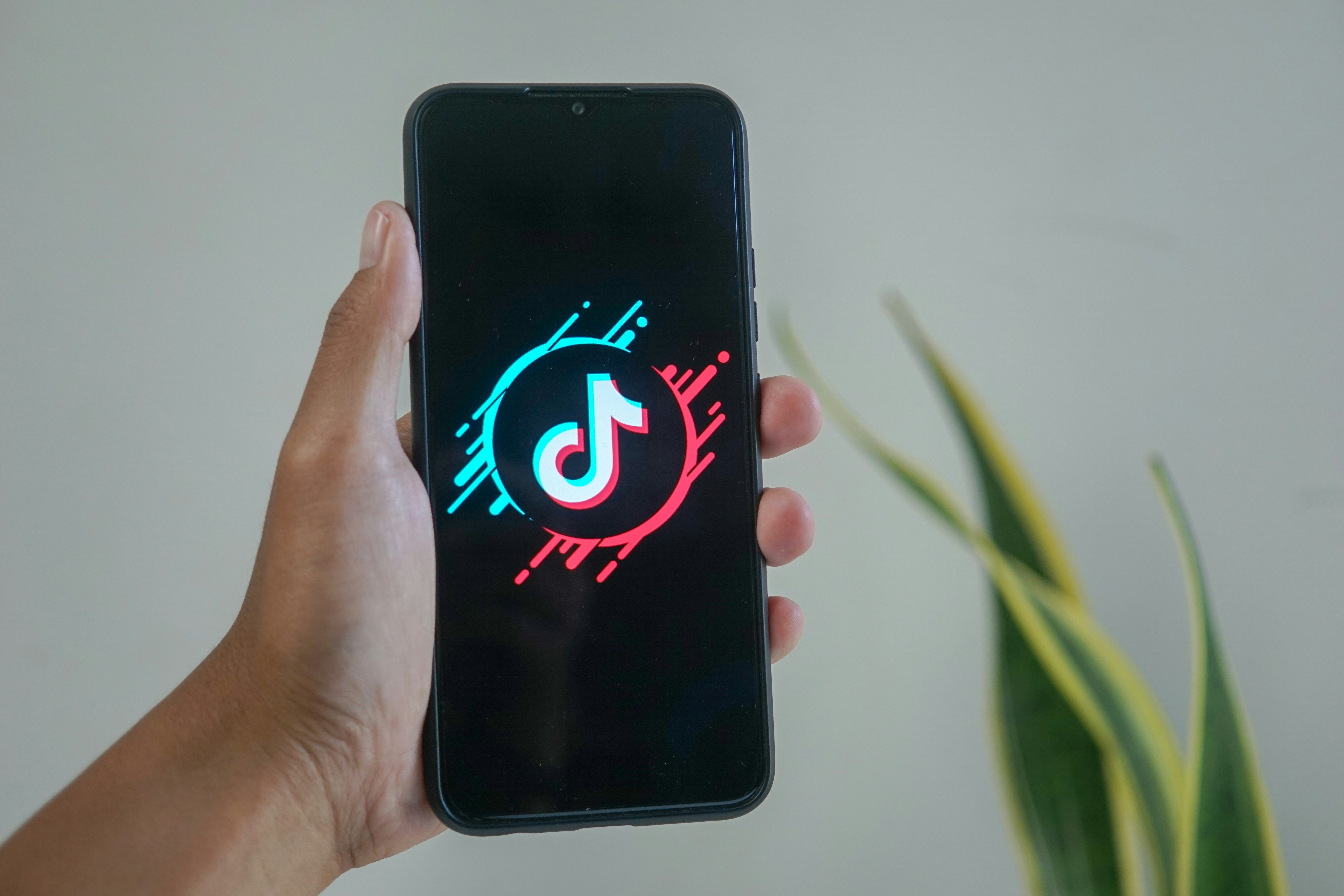 Hand holding a smartphone displaying the TikTok logo on a black screen with neon blue and red streaks, plant blurred in the background.