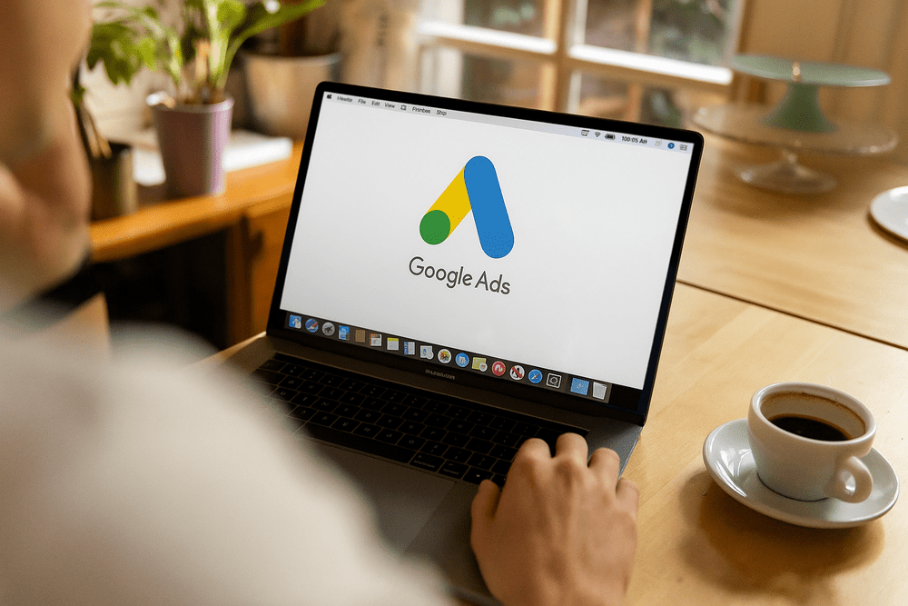 A person uses a laptop displaying the Google Ads logo on screen, seated at a wooden table with a cup of coffee nearby in a bright, cozy setting. 