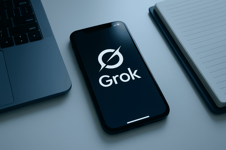 Smartphone displaying the Grok logo on a dark screen, placed between a laptop and a lined notebook on a desk.
