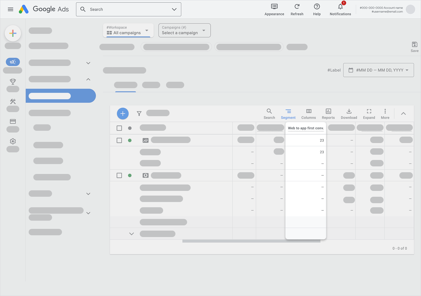 Google Ads Campaign Reporting page showing web to app first conversion metrics in a table.