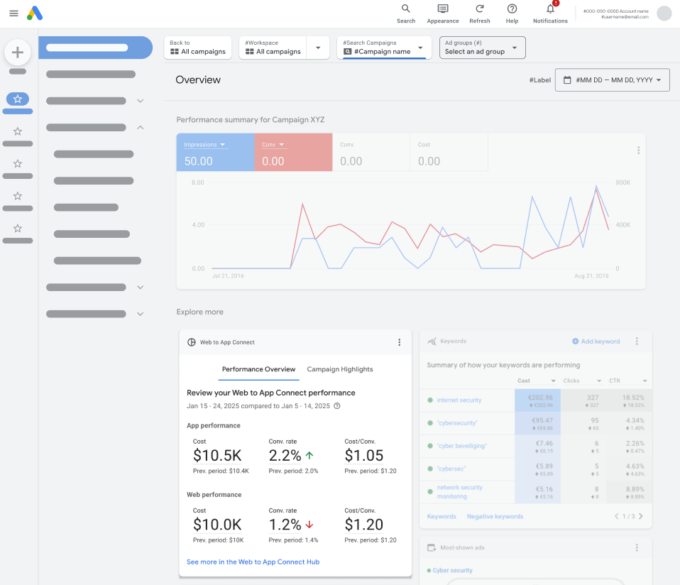 Google Ads homepage featuring Web to App Connect overview card and app install performance data.