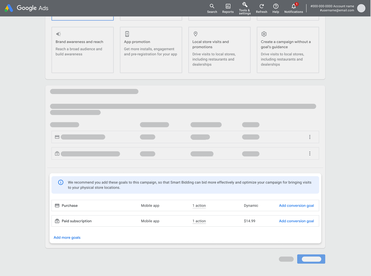 Google Ads campaign construction flow with in-product nudge UI.