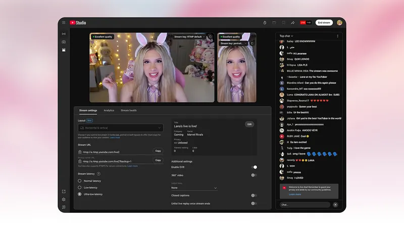 The YouTube Studio interface for live streaming across formats, showing a creator's live broadcast being previewed in both horizontal and vertical formats at the same time.