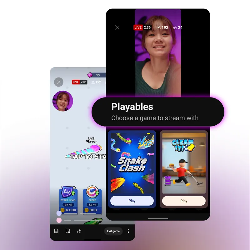 A mobile screen showing the YouTube app's 'Playables on Live' feature, where a creator selects a game like 'Snake Clash' to play directly within their livestream.