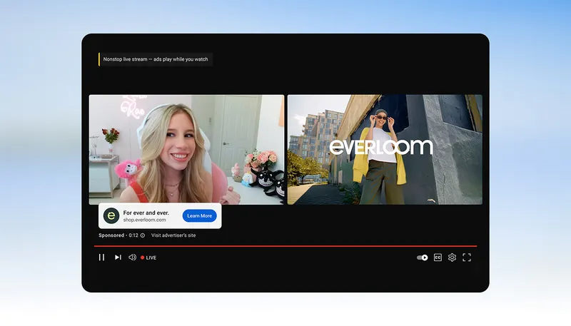 The YouTube video player showing a side-by-side ad format, where a live stream continues on the left while a video ad plays on the right.