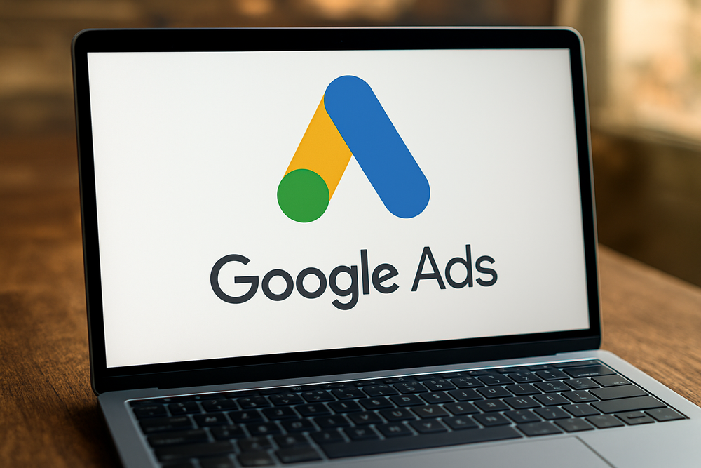 Laptop displaying Google Ads logo with blue, yellow, and green colors on a wooden desk, highlighting the advertising platform's interface.
