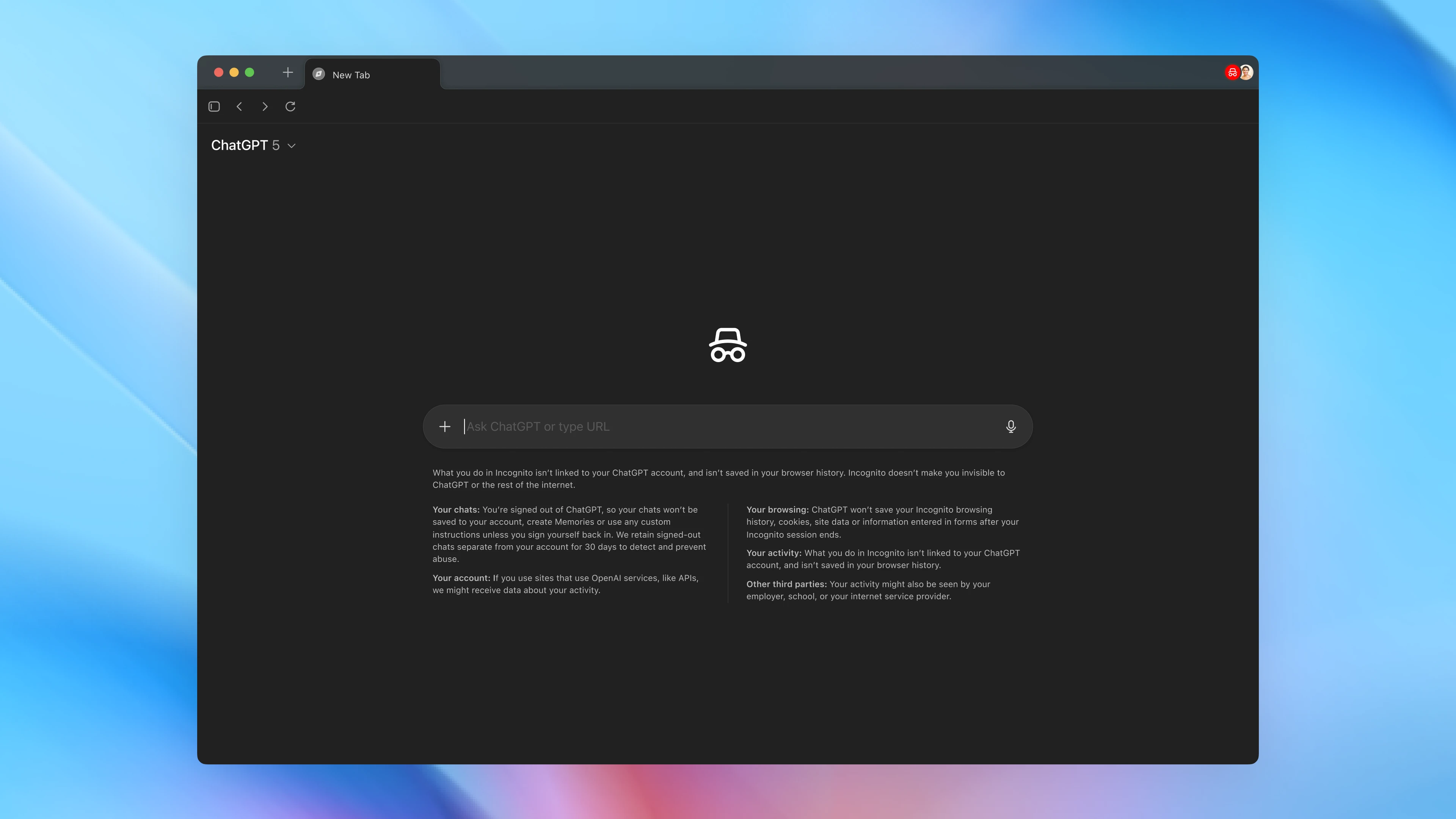 Dark-mode browser window showing ChatGPT in Incognito mode. The page features an incognito icon above a search bar labeled âAsk ChatGPT or type URL,â with explanatory text below describing how chats, browsing, and account activity arenât saved or linked during Incognito sessions.