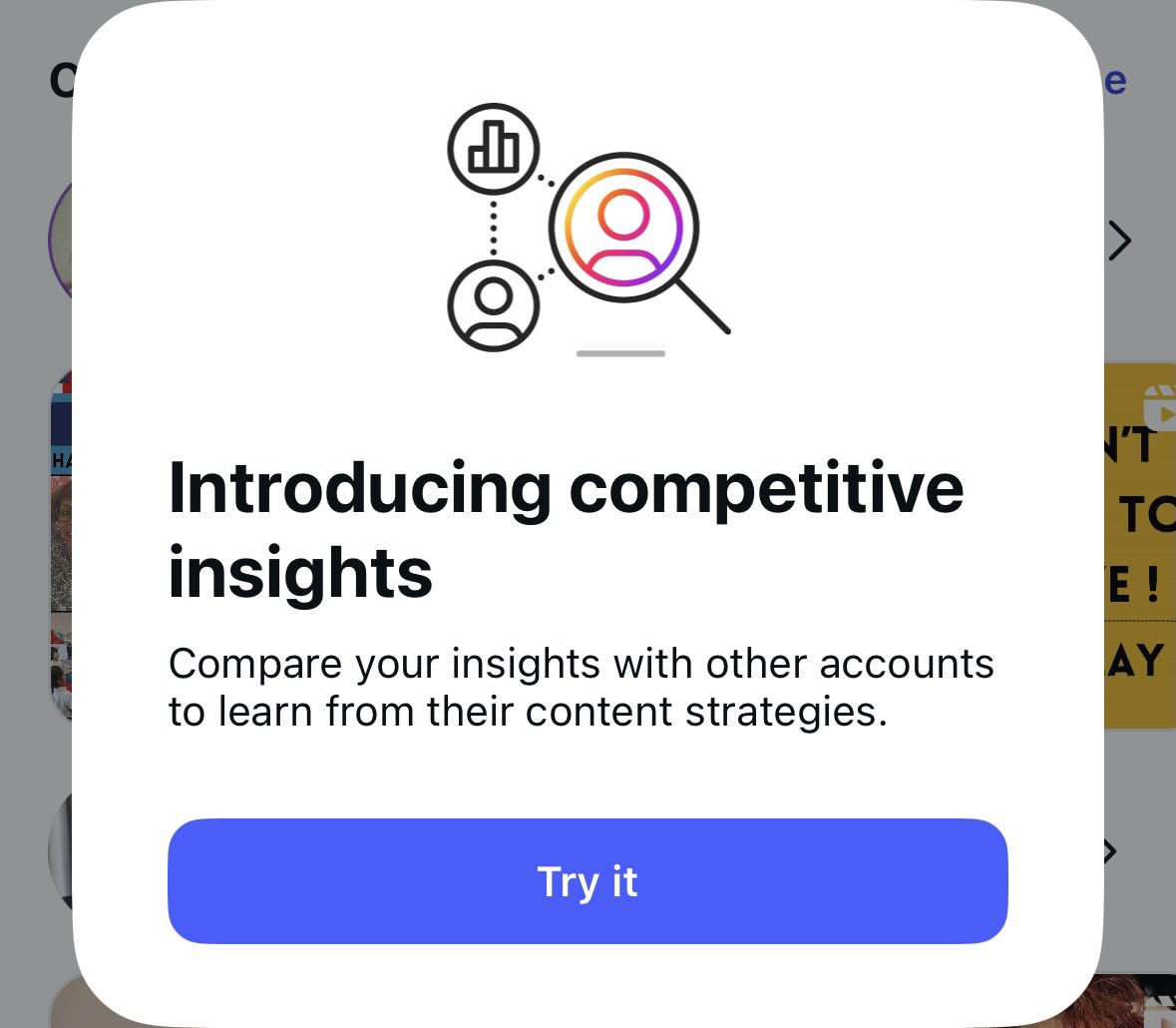 May be a graphic of poster and text that says "山 Introducing competitive insights Compare your insights with other accounts to learn from their content strategies. Try it"