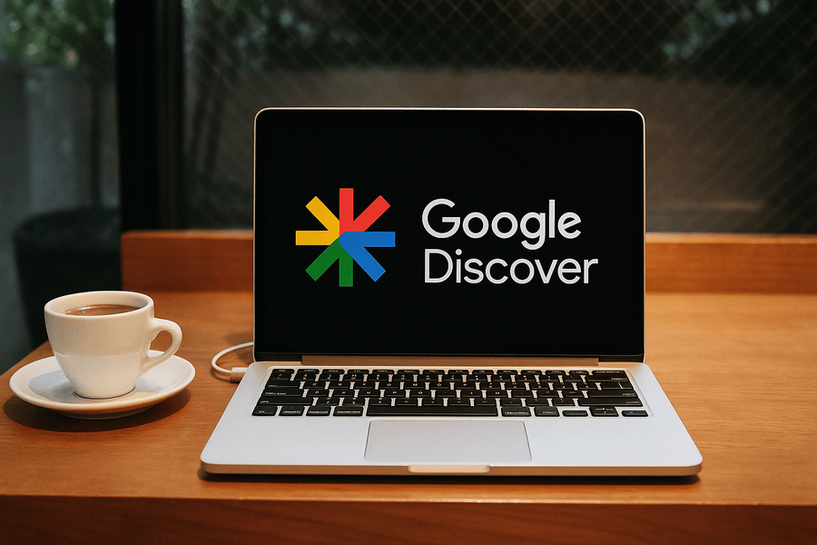 Laptop on wooden table with coffee cup, displaying colorful Google Discover logo and text on dark screen in cozy cafe setting.