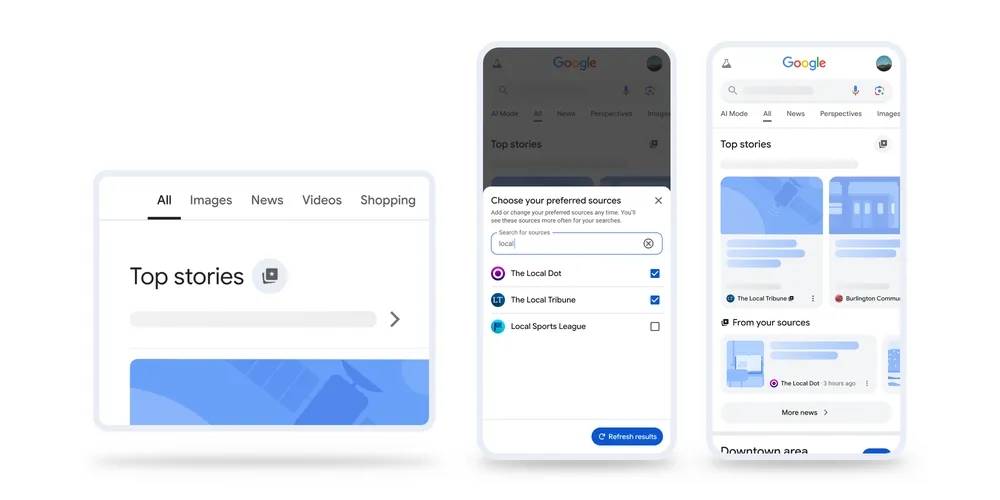 A composite image showing how a person can use the “Preferred Sources” feature on search, from clicking the icon, selecting the sources and refreshing their results.