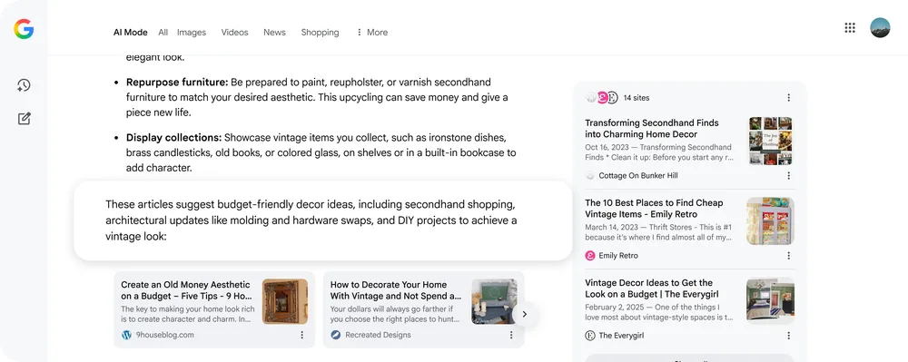 Image of an AI Mode response about vintage home decor.