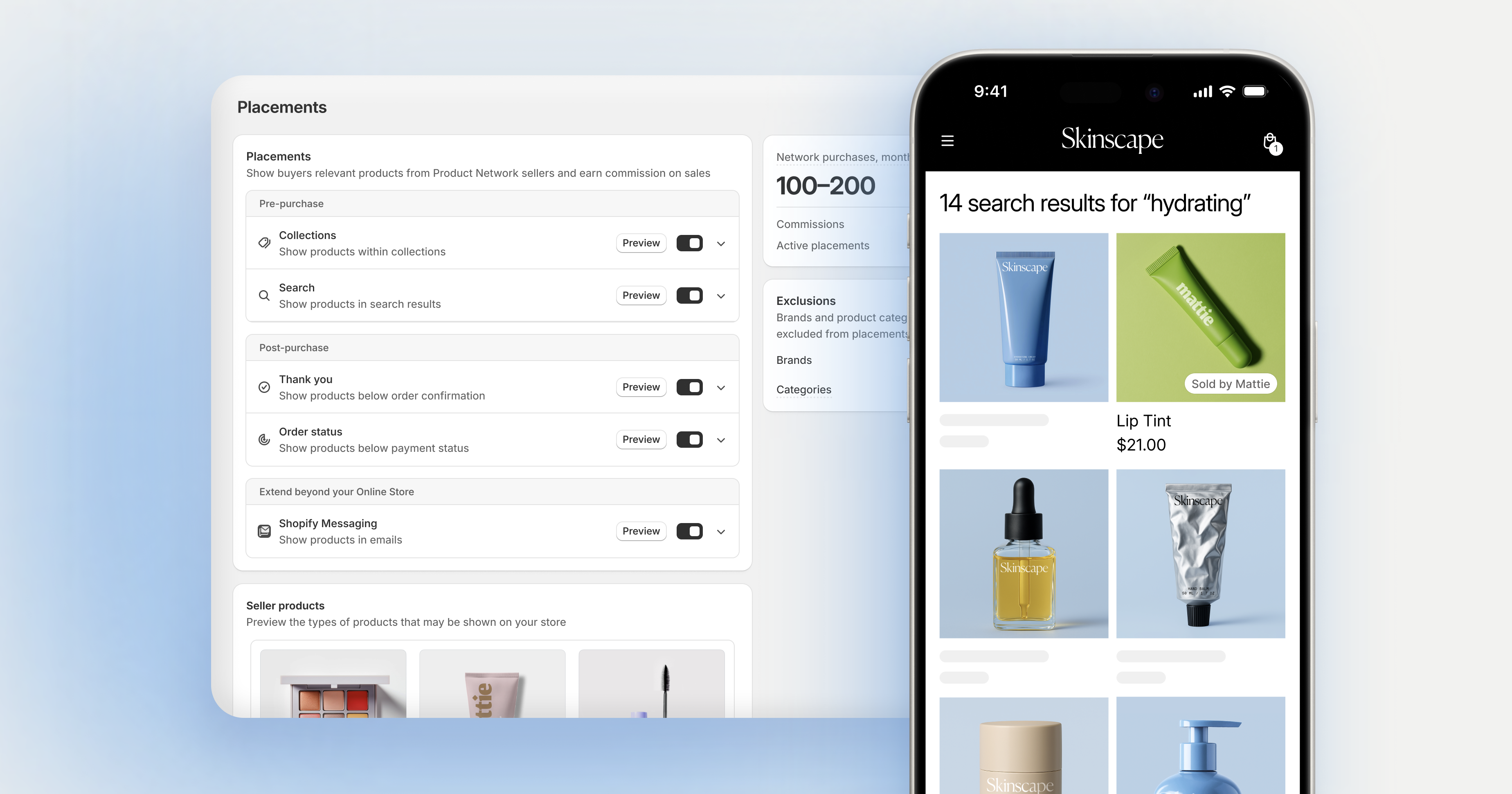 Shopify Product Network app. View of the different placement options available and a phone-based view of the buyer experience showing products inserted in a collection on a merchants' store.