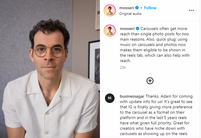 Adam Mosseri: Carousel posts drive higher reach than single-photo posts on Instagram