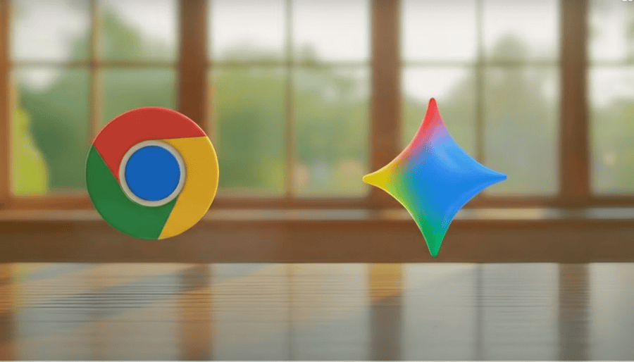 Chrome logo beside colorful Gemini symbol floating in a bright room with a wooden floor and windows.