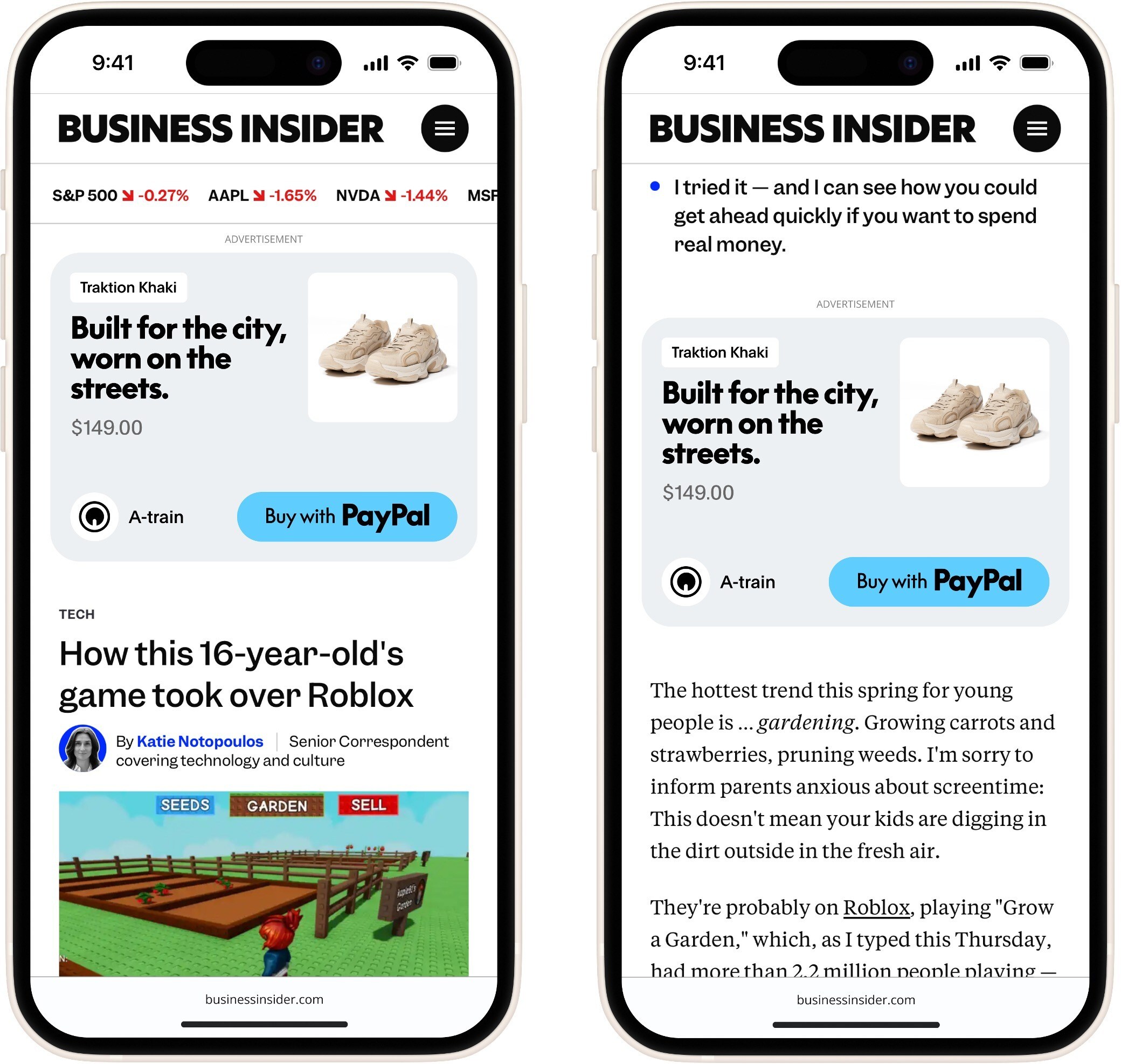 Two smartphones display Business Insider mobile pages featuring PayPal-branded storefront ads for $149 sneakers with “Buy with PayPal” buttons.