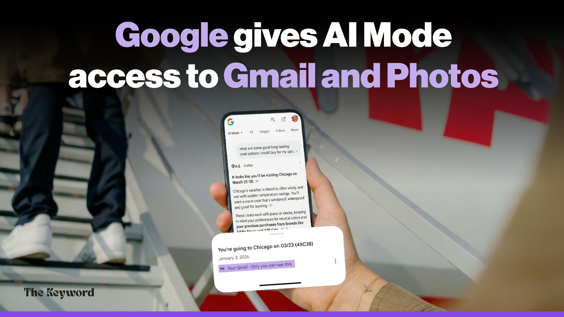 Google AI Mode interface showing the multicolored Google logo in a dark browser tab with search bar.