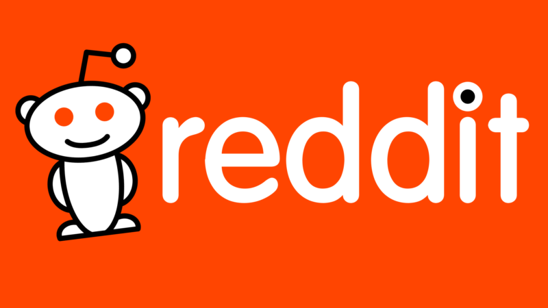 Reddit logo with Snoo mascot and white "reddit" text on bright orange background.