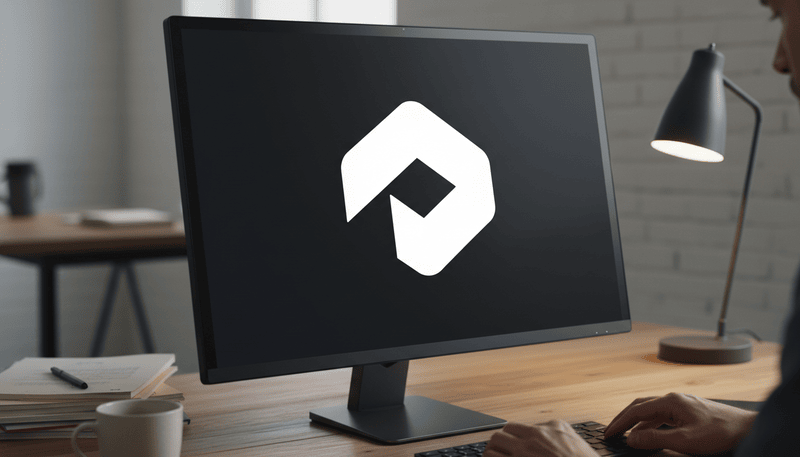 Modern workspace with a monitor displaying a white Profound logo on a dark screen, a wooden desk.