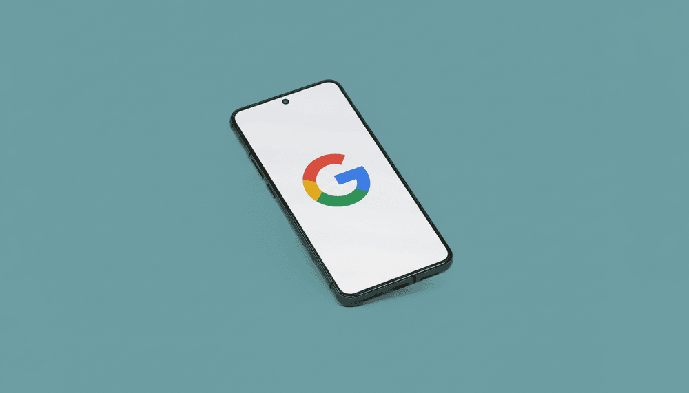 Google multicolored logo on smartphone screen against a teal background, modern device mockup.