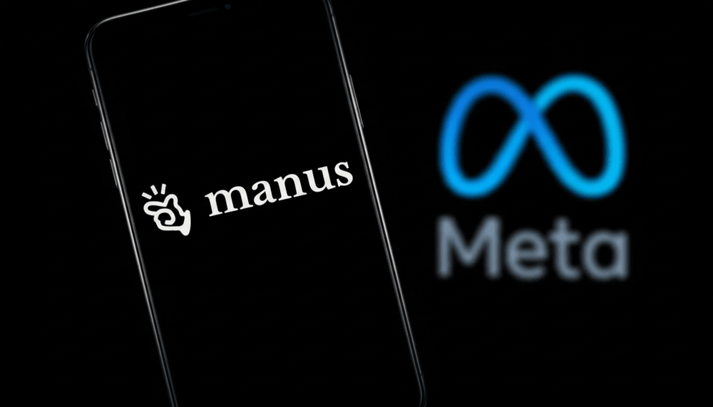 Manus logo with hand icon and "manus" text on smartphone screen, Meta blue infinity logo blurred in dark background.