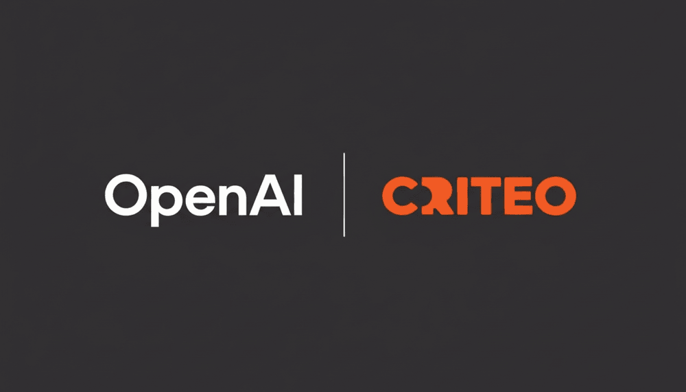 OpenAI logo in white beside orange CRITEO logo separated by a vertical line on a dark background.