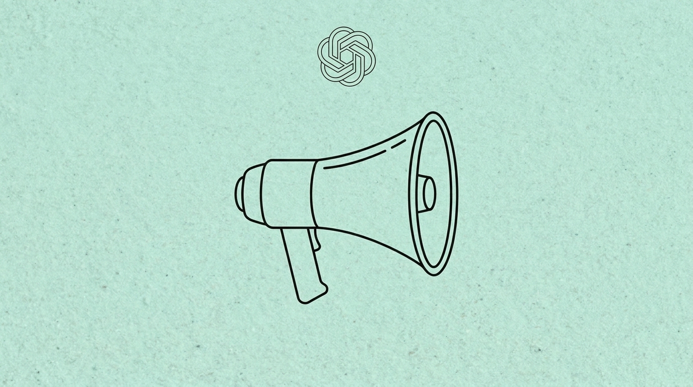 Minimalist line illustration of a megaphone with the ChatGPT logomark representing OpenAI Trade Desk ChatGPT ads partnership