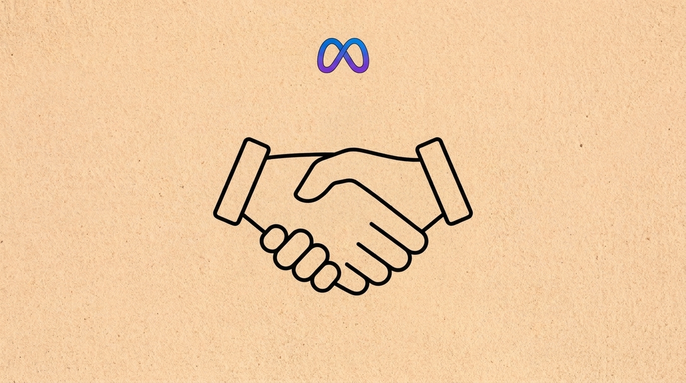 Minimalist line illustration of a handshake with the Meta logomark representing Meta's Moltbook AI agent acquisition