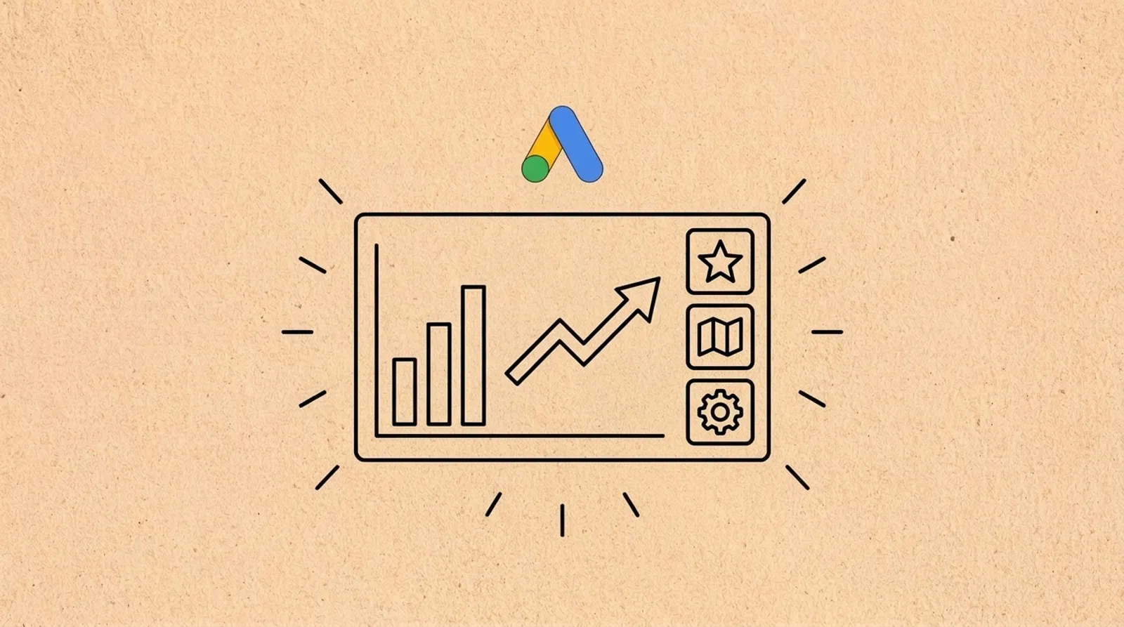 Minimalist line illustration of a dashboard with the Google Ads logomark for Google Merchant Center for Agencies