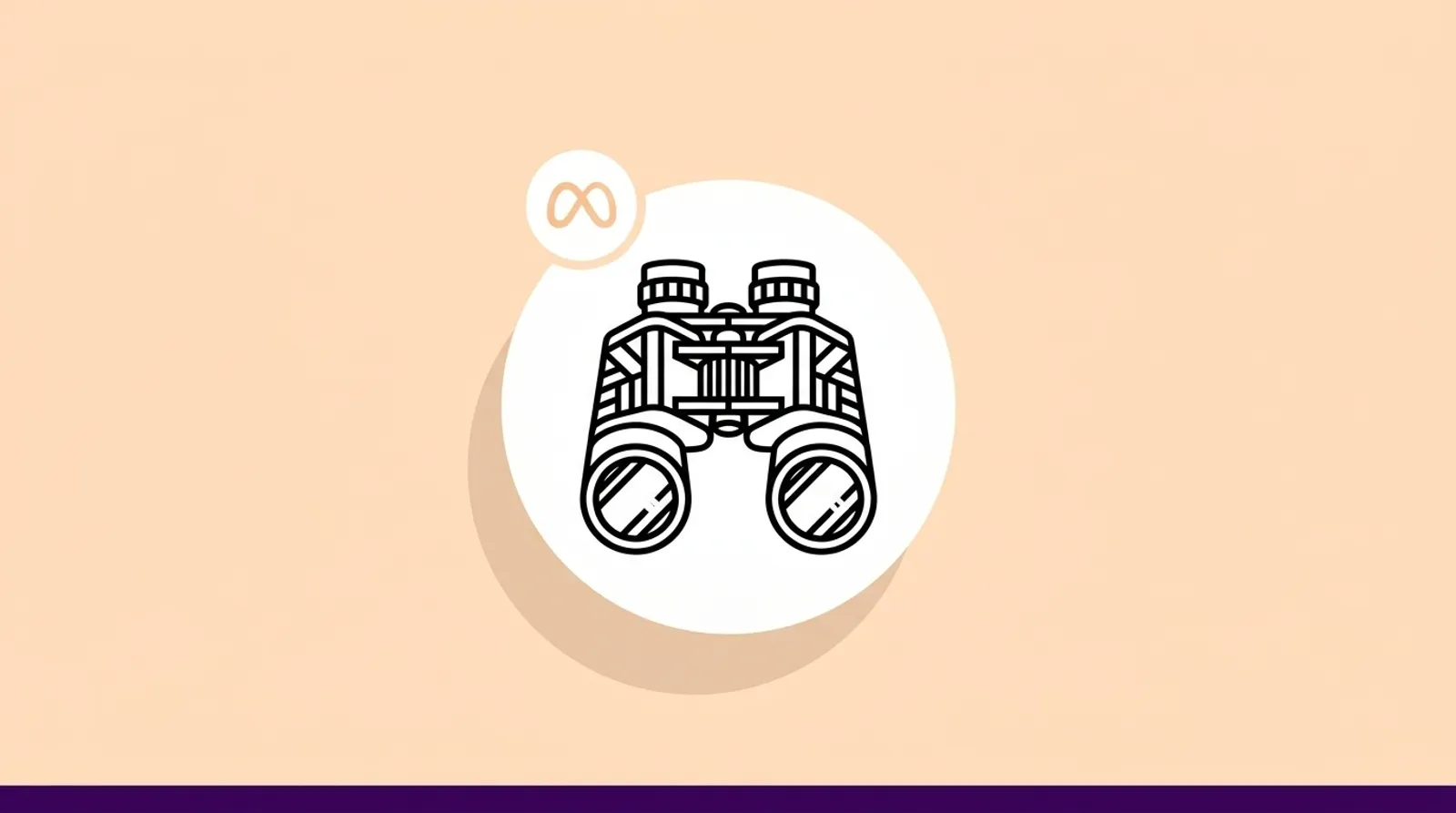 A minimalist line illustration of binoculars with the Meta logomark, representing Manus's AI-powered creator discovery integration with Instagram Creator Marketplace.