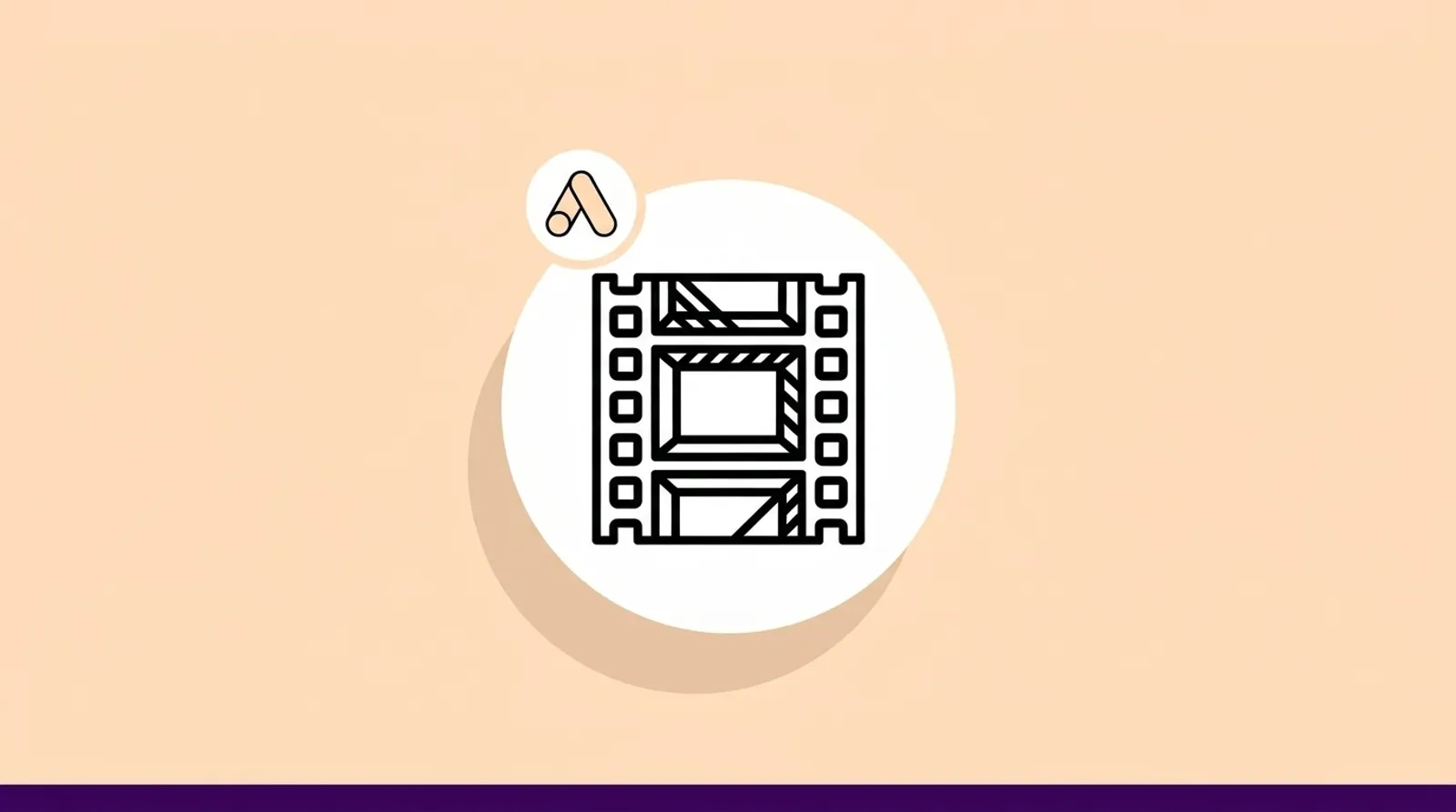 Minimalist line illustration of a film strip with the Google logomark, representing Google's new AI video and creator tools for Demand Gen campaigns.