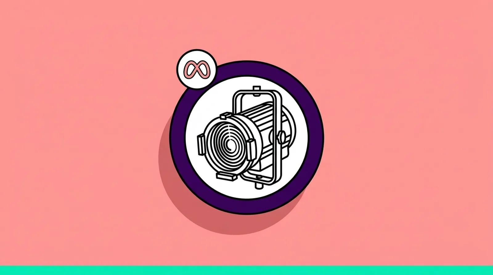 Minimalist line illustration of a stage spotlight with the Meta logomark, representing Meta's new ad product announcements at NewFronts 2026.