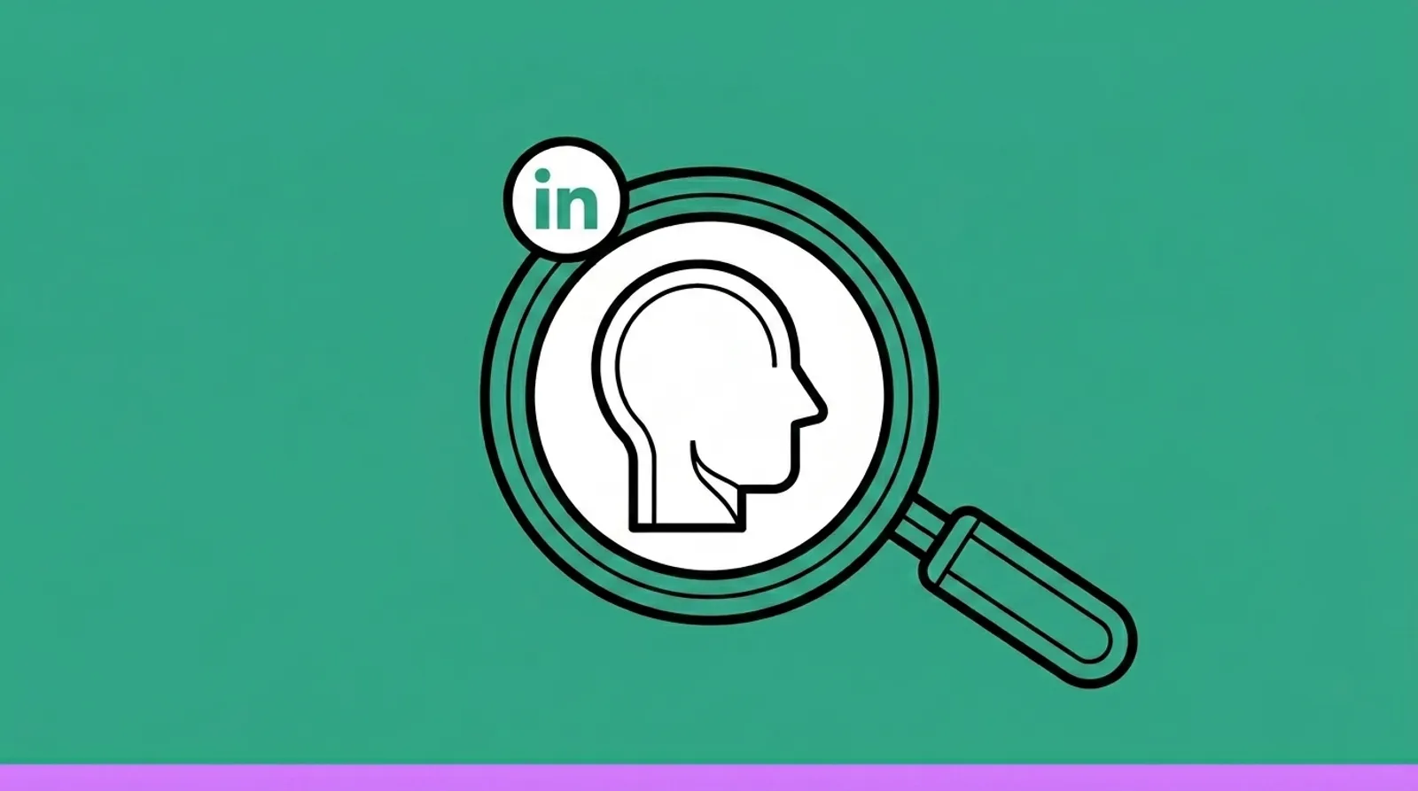 a minimalist line illustration of the magnifying glass framing a profile silhouette with the LinkedIn logomark.