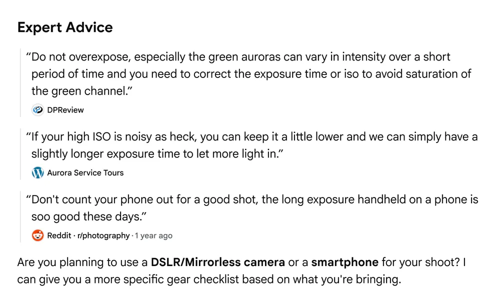 Quotes about photographing the northern lights from an aurora borealis tour company and photography communities, including specific details about a photography forum. Note: This feature will display different titles, such as “Community Perspectives,” depending on the query and the response.